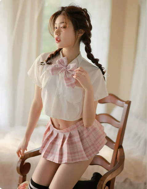 JK Uniform Style Costume Set: Cute Crop Top, Plaid Pleated Mini Skirt & Bow Tie