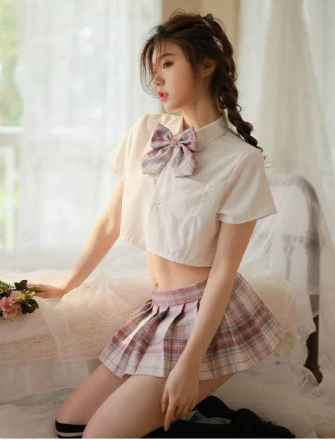 JK Uniform Style Costume Set: Cute Crop Top, Plaid Pleated Mini Skirt & Bow Tie