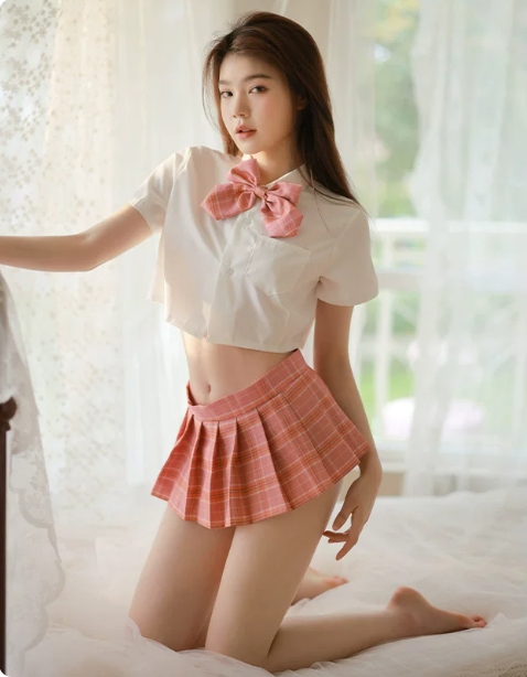 JK Uniform Style Costume Set: Cute Crop Top, Plaid Pleated Mini Skirt & Bow Tie