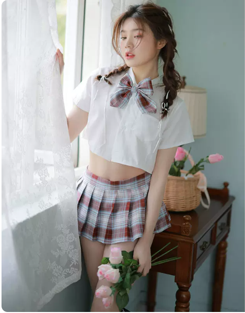 Couple's Pure & Sexy JK Campus Outfit: Short Sleeve Crop Top & Pleated Skirt Set