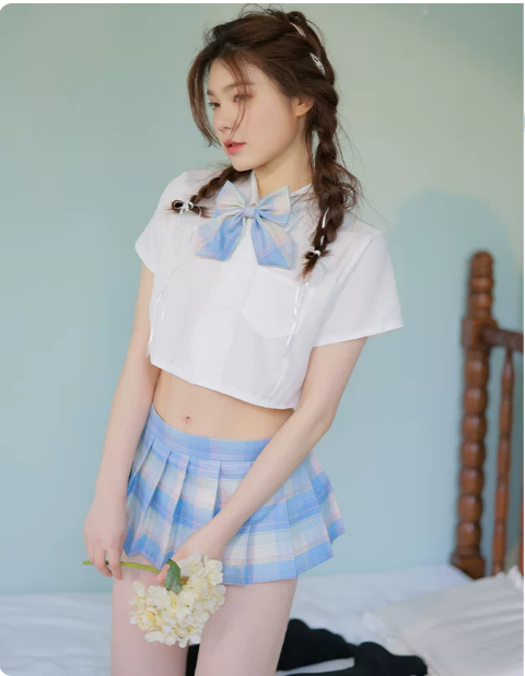Couple's Pure & Sexy JK Campus Outfit: Short Sleeve Crop Top & Pleated Skirt Set