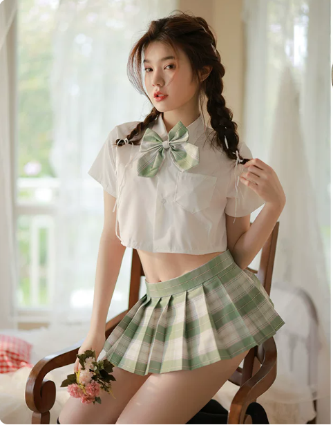 Couple's Pure & Sexy JK Campus Outfit: Short Sleeve Crop Top & Pleated Skirt Set