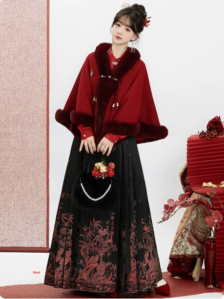 Mystic Winter Hanfu Outfit | Ming Dynasty Inspired Cloak & Mamianqun Skirt  Set