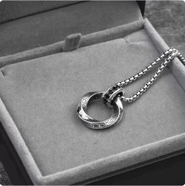 Men's Moebius Ring Pendant Necklace | Hip Hop Vintage Double Chain Necklace | Unisex Greek Key Design Silver Jewelry
