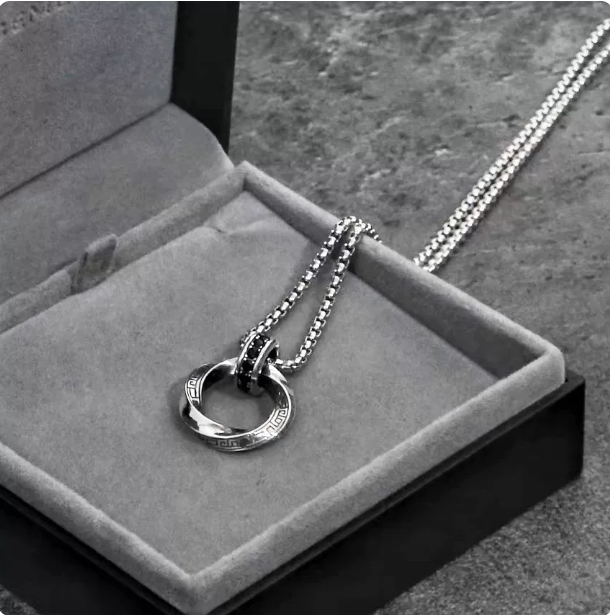 Men's Moebius Ring Pendant Necklace | Hip Hop Vintage Double Chain Necklace | Unisex Greek Key Design Silver Jewelry