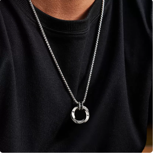 Men's Moebius Ring Pendant Necklace | Hip Hop Vintage Double Chain Necklace | Unisex Greek Key Design Silver Jewelry