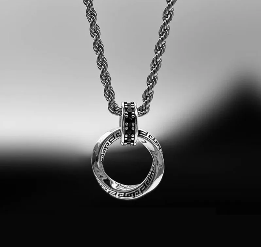 Men's Moebius Ring Pendant Necklace | Hip Hop Vintage Double Chain Necklace | Unisex Greek Key Design Silver Jewelry