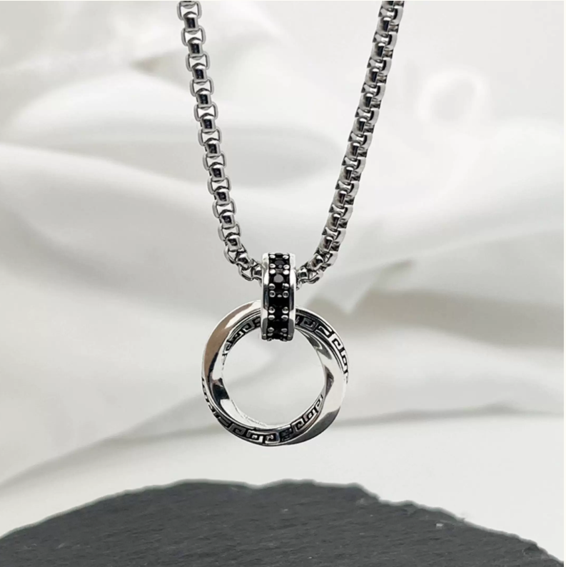 Men's Moebius Ring Pendant Necklace | Hip Hop Vintage Double Chain Necklace | Unisex Greek Key Design Silver Jewelry