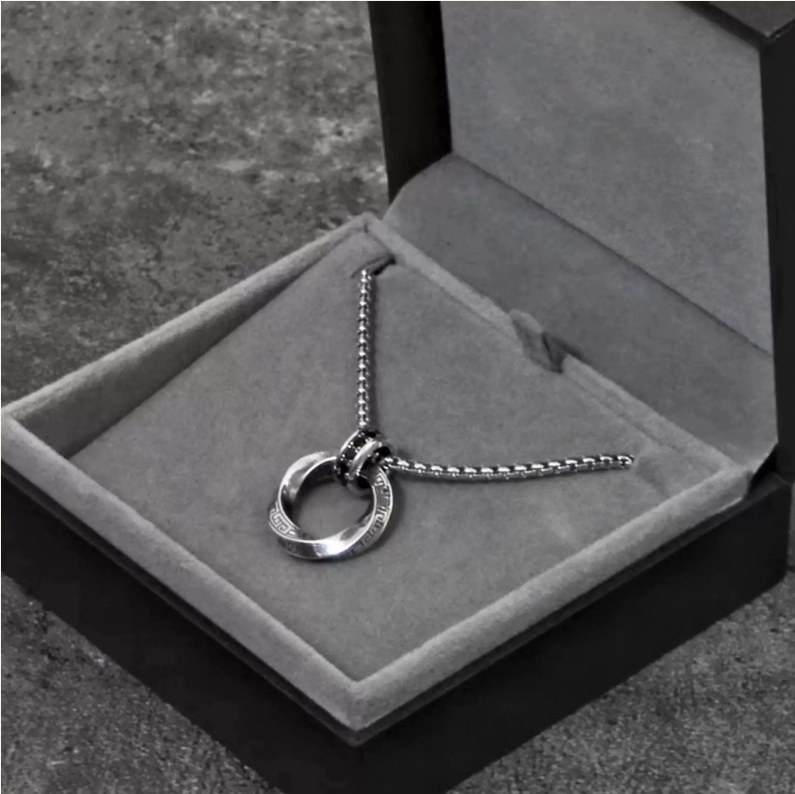 Men's Moebius Ring Pendant Necklace | Hip Hop Vintage Double Chain Necklace | Unisex Greek Key Design Silver Jewelry