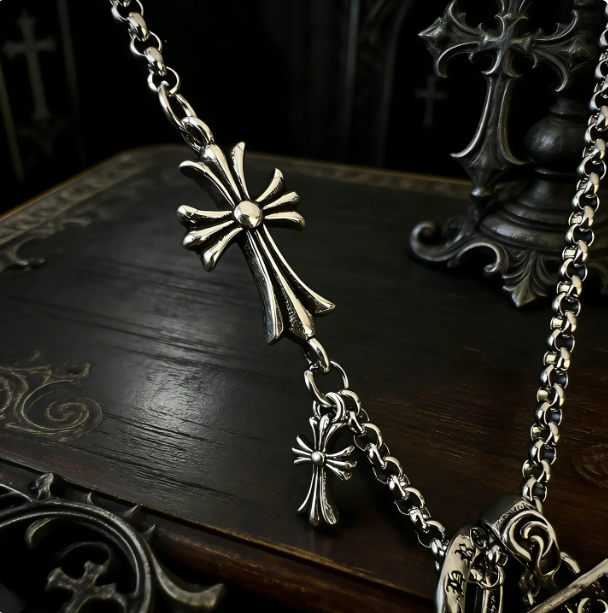 Vintage Cross Necklace, Unisex Gothic Floral Pendant Sweater Chain, Hip-Hop Streetwear Jewelry