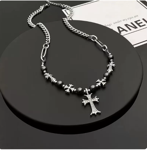 Zircon Cross Necklace for Men, Titanium Steel Beaded Chain, Hip-Hop Punk Gothic Pendant Necklace