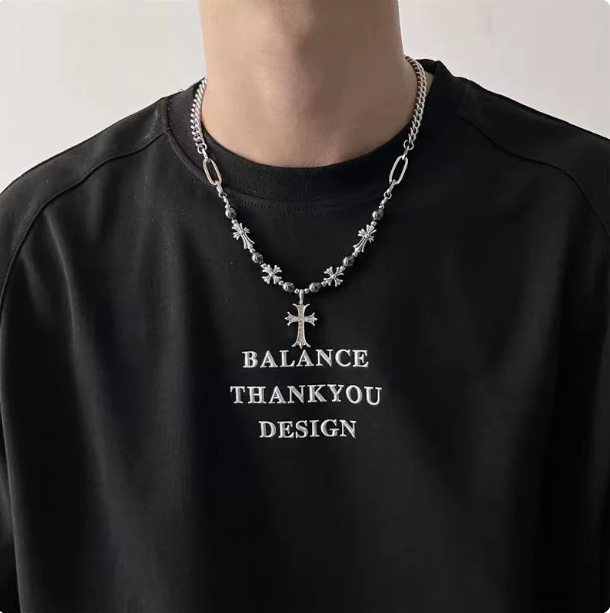 Zircon Cross Necklace for Men, Titanium Steel Beaded Chain, Hip-Hop Punk Gothic Pendant Necklace