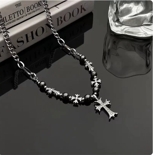 Zircon Cross Necklace for Men, Titanium Steel Beaded Chain, Hip-Hop Punk Gothic Pendant Necklace