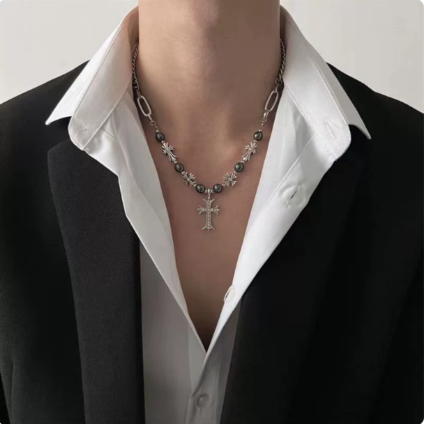 Zircon Cross Necklace for Men, Titanium Steel Beaded Chain, Hip-Hop Punk Gothic Pendant Necklace