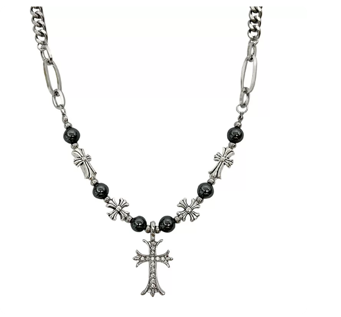 Zircon Cross Necklace for Men, Titanium Steel Beaded Chain, Hip-Hop Punk Gothic Pendant Necklace