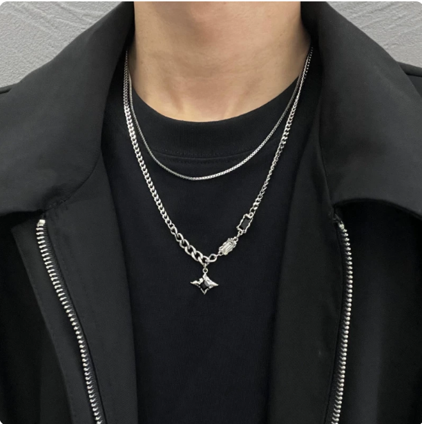 Layered Star Necklace, Men's Hip-Hop Cuban Chain with Black Zircon Pendant, Unisex Luxury Sweater Chain