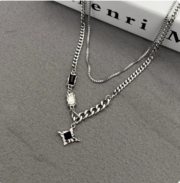 Layered Star Necklace, Men's Hip-Hop Cuban Chain with Black Zircon Pendant, Unisex Luxury Sweater Chain