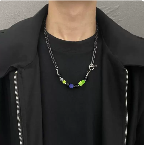 National Trend Beaded Necklace, Men's Hip-Hop Black Cuban Chain with Colorful Stones, Unisex Titanium Steel Choker