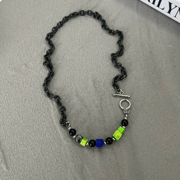 National Trend Beaded Necklace, Men's Hip-Hop Black Cuban Chain with Colorful Stones, Unisex Titanium Steel Choker
