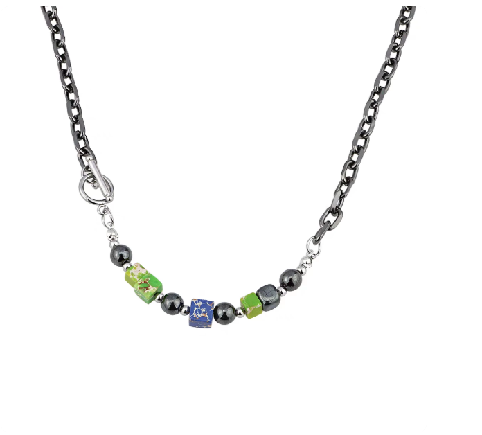 National Trend Beaded Necklace, Men's Hip-Hop Black Cuban Chain with Colorful Stones, Unisex Titanium Steel Choker