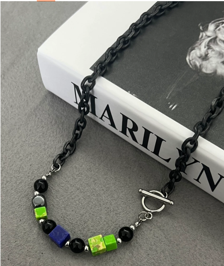 National Trend Beaded Necklace, Men's Hip-Hop Black Cuban Chain with Colorful Stones, Unisex Titanium Steel Choker