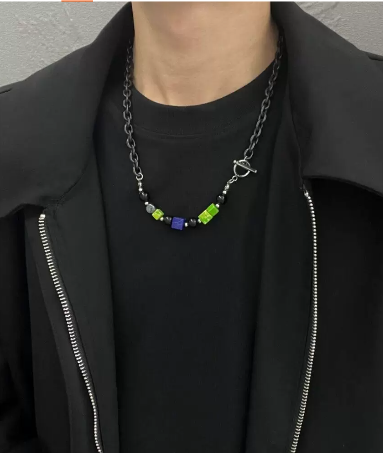 National Trend Beaded Necklace, Men's Hip-Hop Black Cuban Chain with Colorful Stones, Unisex Titanium Steel Choker