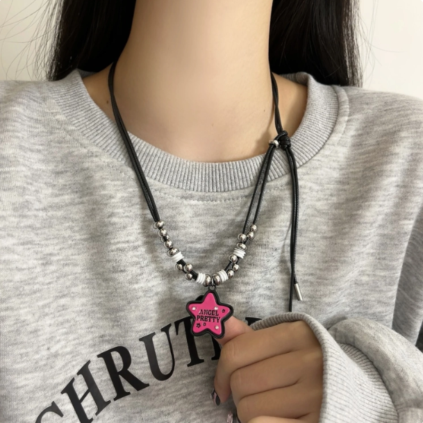 Pink Star Pendant Necklace, Y2K Adjustable Black Leather Cord with Beads, Unisex Hip-Hop Sweater Chain