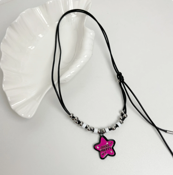 Pink Star Pendant Necklace, Y2K Adjustable Black Leather Cord with Beads, Unisex Hip-Hop Sweater Chain