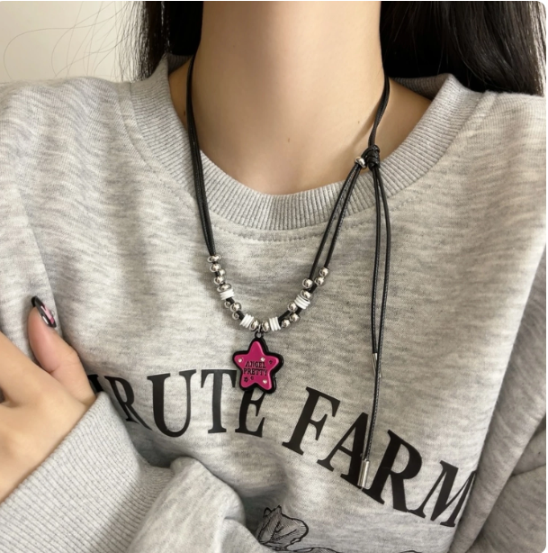 Pink Star Pendant Necklace, Y2K Adjustable Black Leather Cord with Beads, Unisex Hip-Hop Sweater Chain