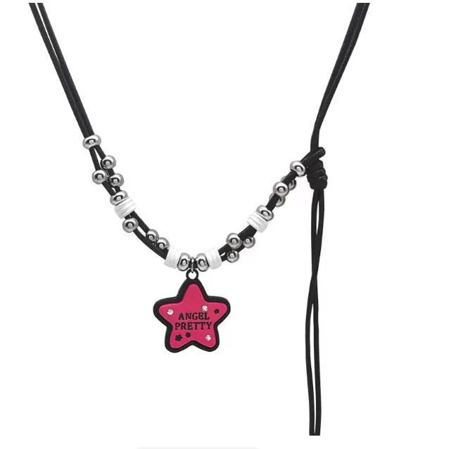 Pink Star Pendant Necklace, Y2K Adjustable Black Leather Cord with Beads, Unisex Hip-Hop Sweater Chain