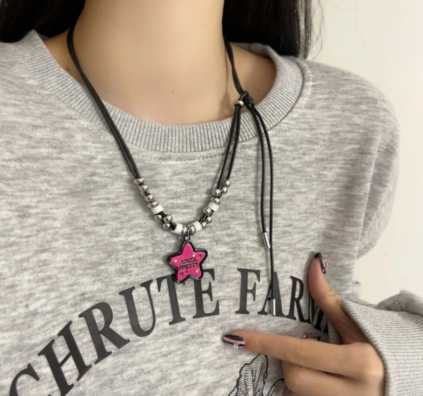 Pink Star Pendant Necklace, Y2K Adjustable Black Leather Cord with Beads, Unisex Hip-Hop Sweater Chain