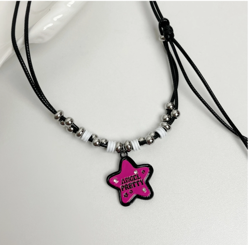 Pink Star Pendant Necklace, Y2K Adjustable Black Leather Cord with Beads, Unisex Hip-Hop Sweater Chain