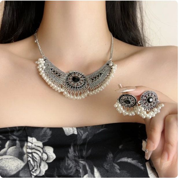 New Chinese Style Jewelry Set, Vintage Ethnic Silver Filigree Necklace & Tassel Earrings with Black Stone and Pearls