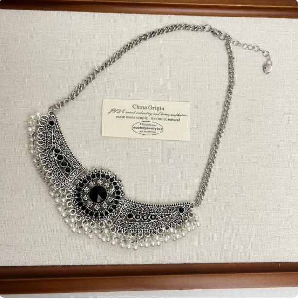 New Chinese Style Jewelry Set, Vintage Ethnic Silver Filigree Necklace & Tassel Earrings with Black Stone and Pearls