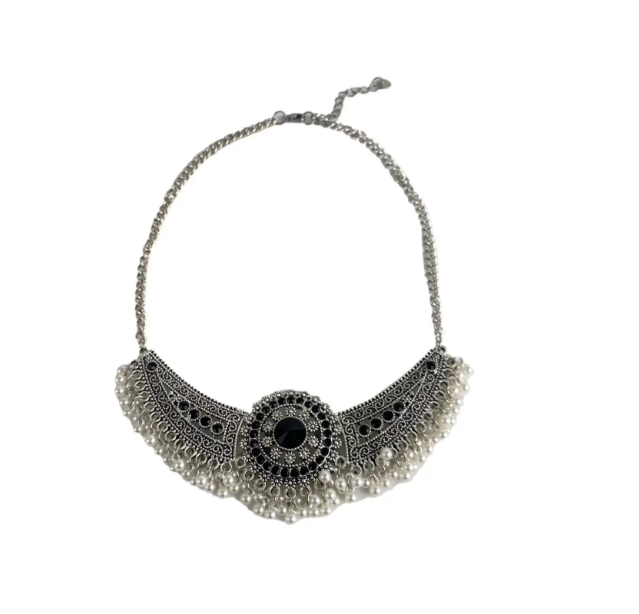 New Chinese Style Jewelry Set, Vintage Ethnic Silver Filigree Necklace & Tassel Earrings with Black Stone and Pearls
