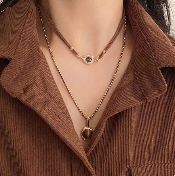 Cat's Eye Layered Choker | Leather & Gold Chain
