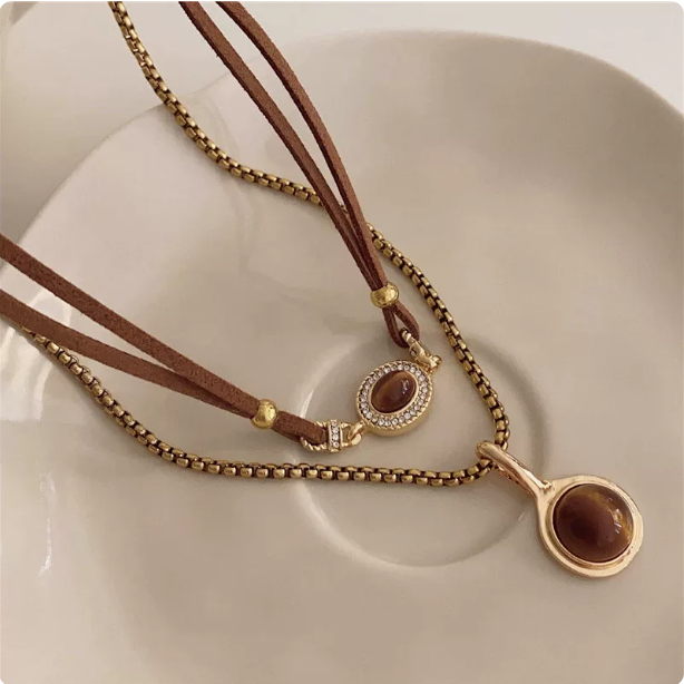 Cat's Eye Layered Choker | Leather & Gold Chain