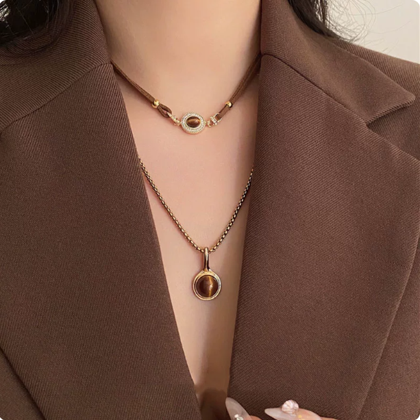 Cat's Eye Layered Choker | Leather & Gold Chain