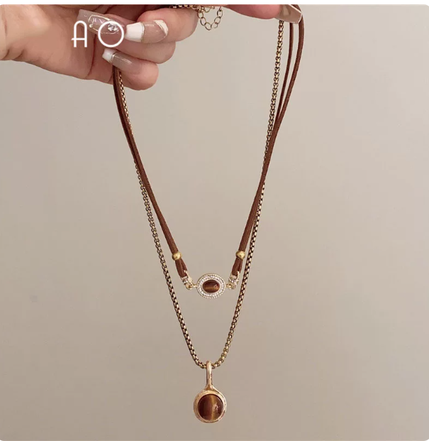 Cat's Eye Layered Choker | Leather & Gold Chain