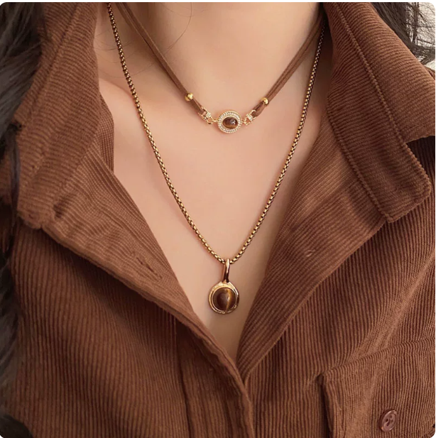 Cat's Eye Layered Choker | Leather & Gold Chain