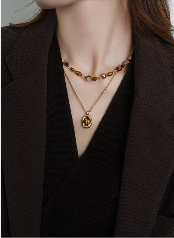 2-Layer Tiger Eye Necklace | Beaded & Gold Chain