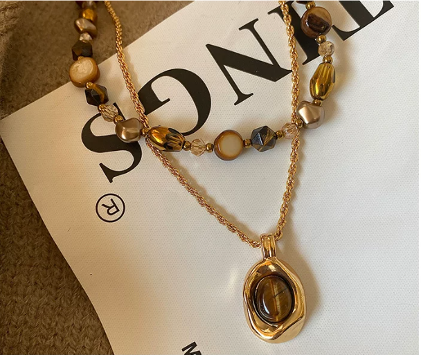 2-Layer Tiger Eye Necklace | Beaded & Gold Chain