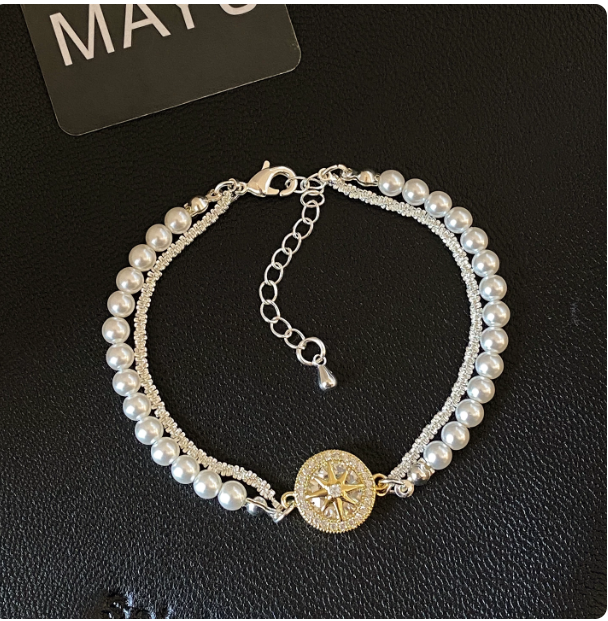 Octagram Compass Pearl Bracelet | Elegant Double Layer Jewelry
