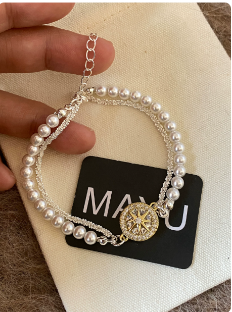 Octagram Compass Pearl Bracelet | Elegant Double Layer Jewelry