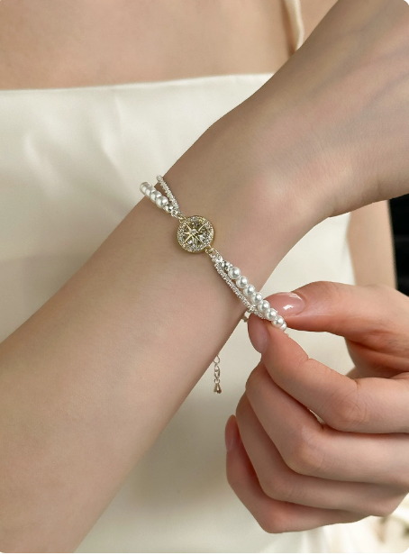 Octagram Compass Pearl Bracelet | Elegant Double Layer Jewelry