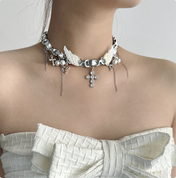 Y2K Silver Choker | Angel Wing & Cross Pendant