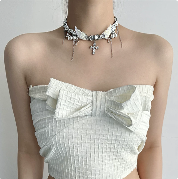 Y2K Silver Choker | Angel Wing & Cross Pendant