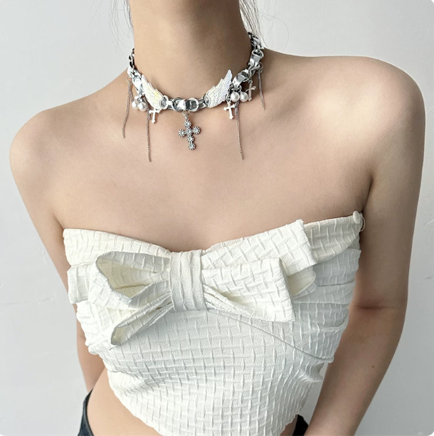 Y2K Silver Choker | Angel Wing & Cross Pendant