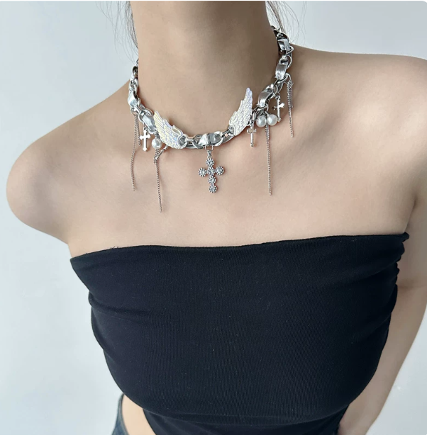 Y2K Silver Choker | Angel Wing & Cross Pendant