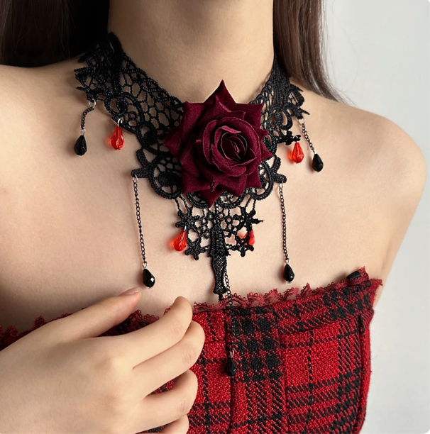 Gothic Lace Rose Choker Set | Red/Black Flower Necklace & Bracelet
